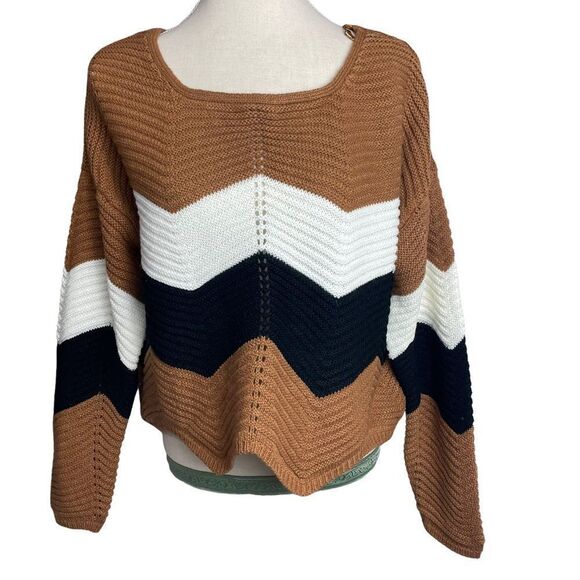 NWT no Comment long Sleeve lace Up Back Brown Black White Striped Sweater size L - Picture 6 of 14